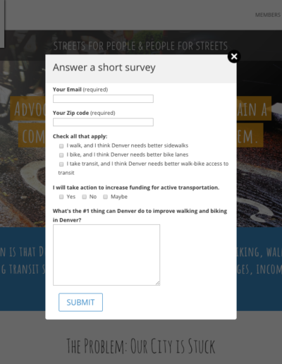 DSP micro-site loads with a pop-up survey to capture advocate contact information and increase engagement.
